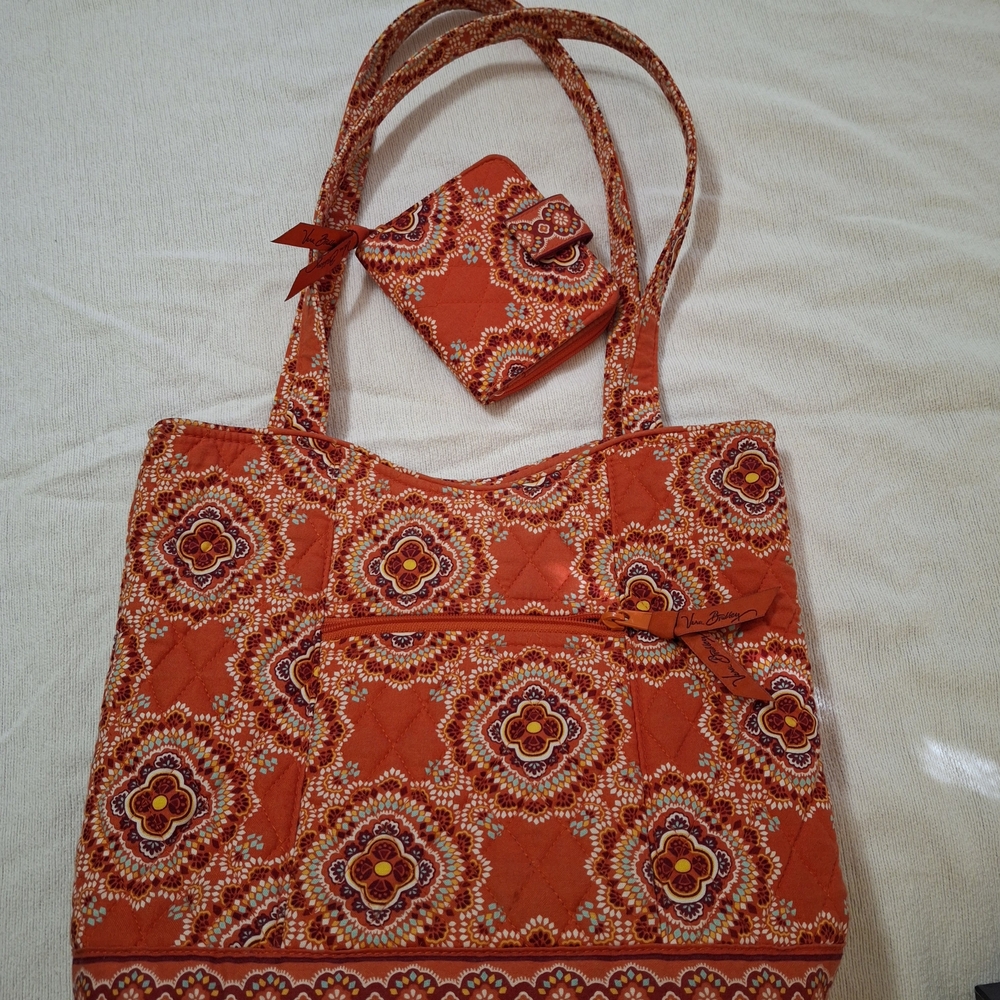 Vera Bradley Orange Quilted Floral Shoulder Tote with Matching Wallet